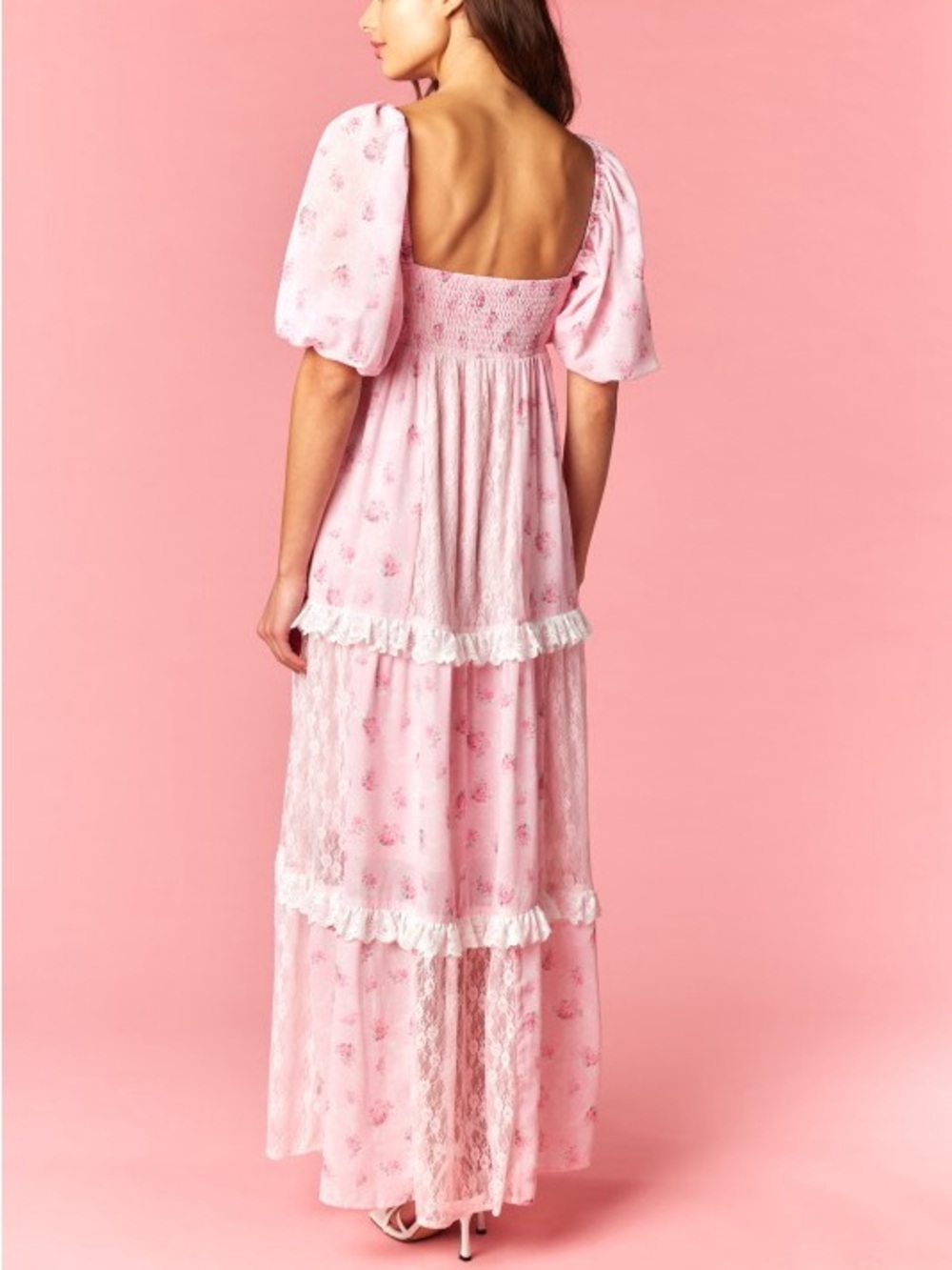 Pink Lace Tiered Maxi Dress with Puff Sleeves - Picture 6 of 14
